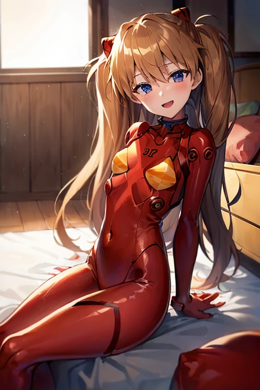 (( top quality)), ((masterpiece)), (be familiar with),  perfect face, indoor, bedroom,  watching viewers,
One woman,  Soryu Asuka Langley,
 open mouth,  ecstatic expression beside the piano, blush, smile,
 small tits,  flat chested, Young girl, Lori,  s,  girl,
 long hair,  Twin Tails ,
Leg spread,