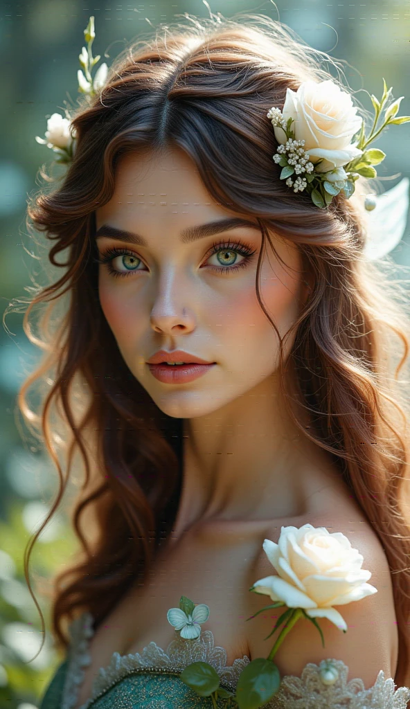 1girl, solo, long hair, looking at viewer, brown hair, hair ornament, dress, jewelry, flower, earrings, wings, hair flower, blurry, see-through, blurry background, rose, realistic, fairy wings, fairy