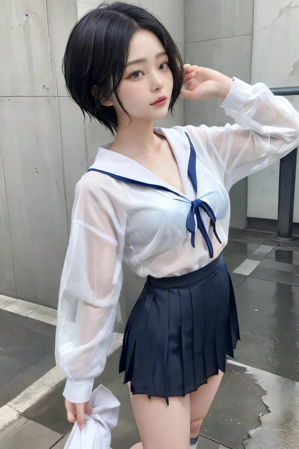 Masterpiece、( top quality:1.4)、1girl、(nsfw)、 super detailed 、 looking down from directly above black hair、parted hair、 Belly Shorthair big eyes、Forehead、 small face 日本の女子高生の sailor suit、 sailor suit、 skirt、プリーツ skirt、see-through、see-through brassiere、 plump breasts Soaking、 hair wet rain、(Rain)、Puddle、concrete background