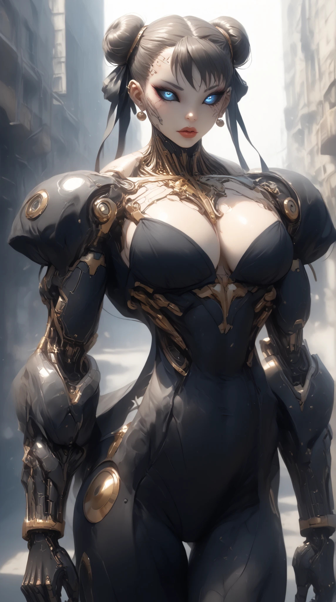 (nsfw:1), (Uncensored:1), score_9, score_8_up, score_7_up, (Three Quarters Shot), (1 girl), (Chun-Li Bio-Mecha), (blue glowing eyes:1.25), (black sclera:1.25), (beautiful face:1.25),(((huge upper body:1.65))), ((((Huge biceps:1.25)))), ((skinny waist & torso:1.5)), (long thin legs), (biomechanical arms:1.5), (biomechanical body:1.5), bimbo lips, 2 hair buns, high res, flat chest, standing, hand bands, big ass, hand on hip, looking to the side, photo realistic image,  cyberpunk style, CyberRealistic_Negative_PONY-neg,CyberRealistic_Negative_PONY