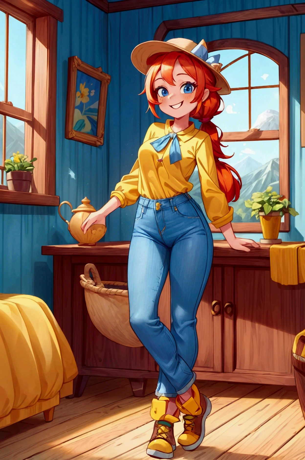 (masterpiece, best quality) standing, indoor, intricate detail, sunlight, yellow blouse, blue long jeans pants, mountain shoes, yellow hat, red hair, two ponytails, blue eyes, smiling and sexy expression, sexy pose, coquette, gorgeous legs, mature teenager body, lovely, gorgeous body, pronounced breasts.