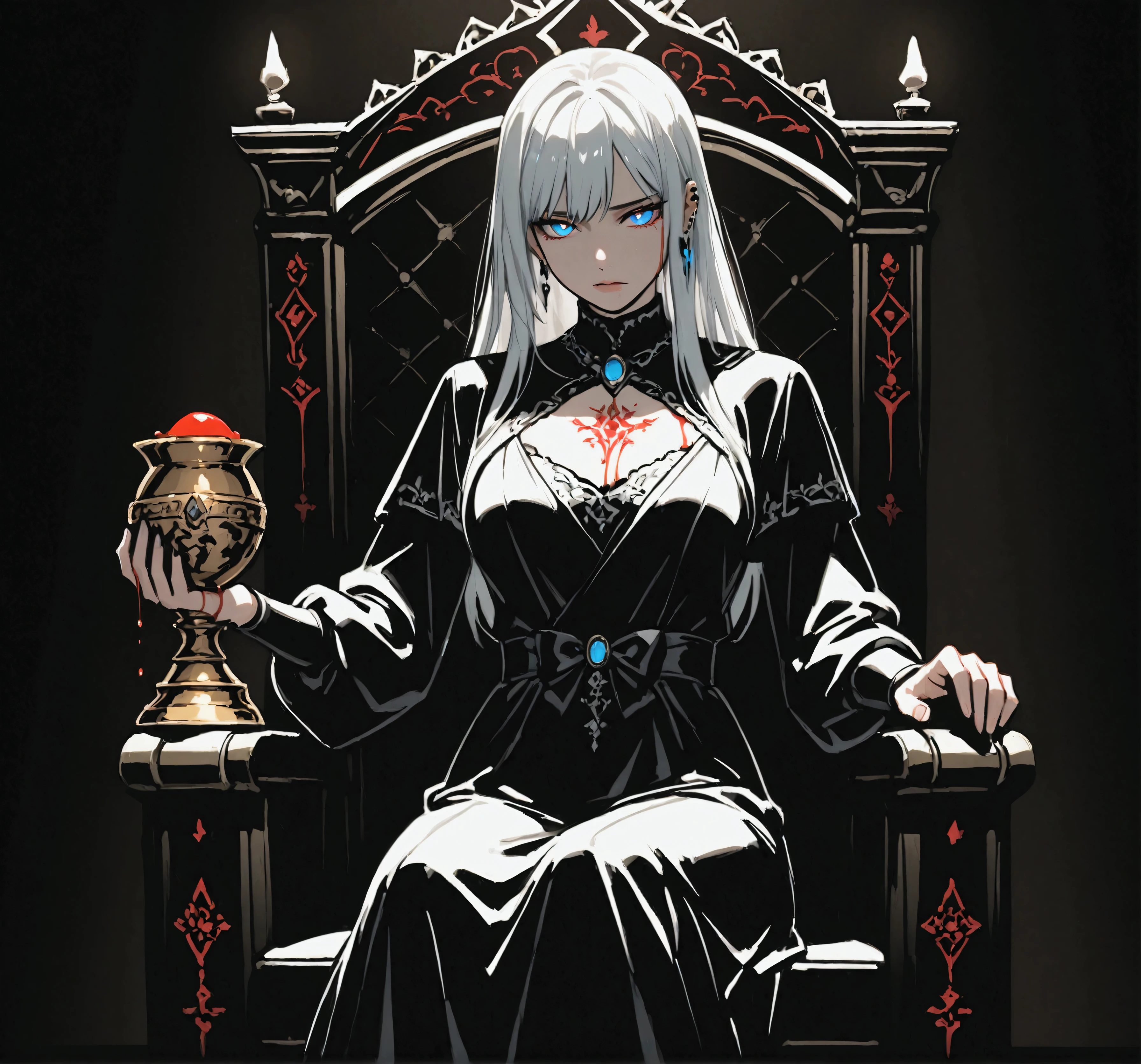 A detailed line drawing of a beautiful woman with long white hair and piercing blue eyes, sitting on a grand throne adorned with intricate carvings of wolves. She wears a black, low-cut dress stained with blood, and a wolf tattoo is visible on her chest. In one hand, she holds a golden goblet, dripping with blood. Large wolves with glowing red eyes bow to her on either side, their fur dark and their posture submissive. The scene is set in an ancient, shadowy atmosphere, with bold, expressive lines, giving the drawing an old and gothic feel.

