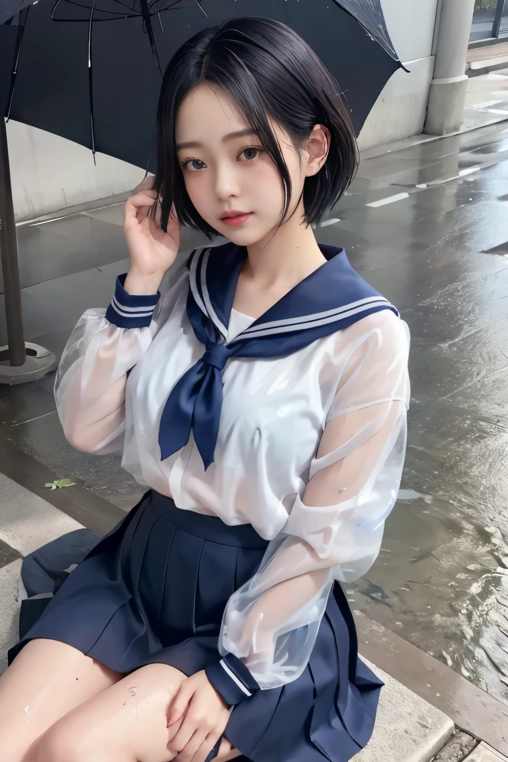 Masterpiece、( top quality:1.4)、1girl、(nsfw)、 super detailed 、 looking down from directly above black hair、parted hair、 Belly Shorthair big eyes、Forehead、 small face 日本の女子高生の sailor suit、 sailor suit、 skirt、プリーツ skirt、see-through、see-through brassiere、 plump breasts、 Soft Thighs、 pulls my heart together Soaking、 hair wet rain、(Rain)、Puddle、concrete background
