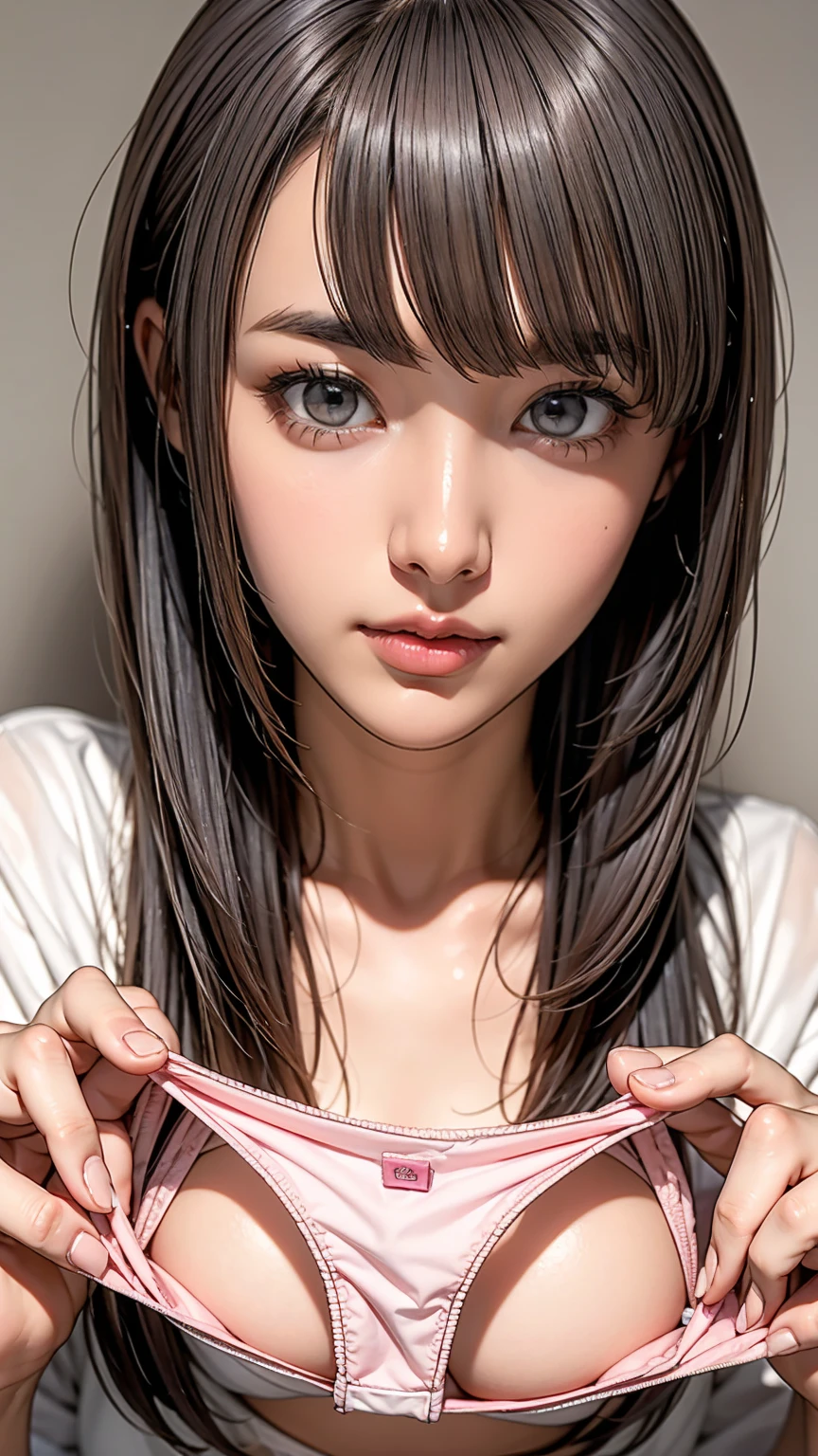  very large bright pink panties、Gray Hair、 Search 。 hairstyle is random 、Face is close、Close face、Panties in front、 panties、 very big panties 、Pretty big panties， amazing expression:1.5