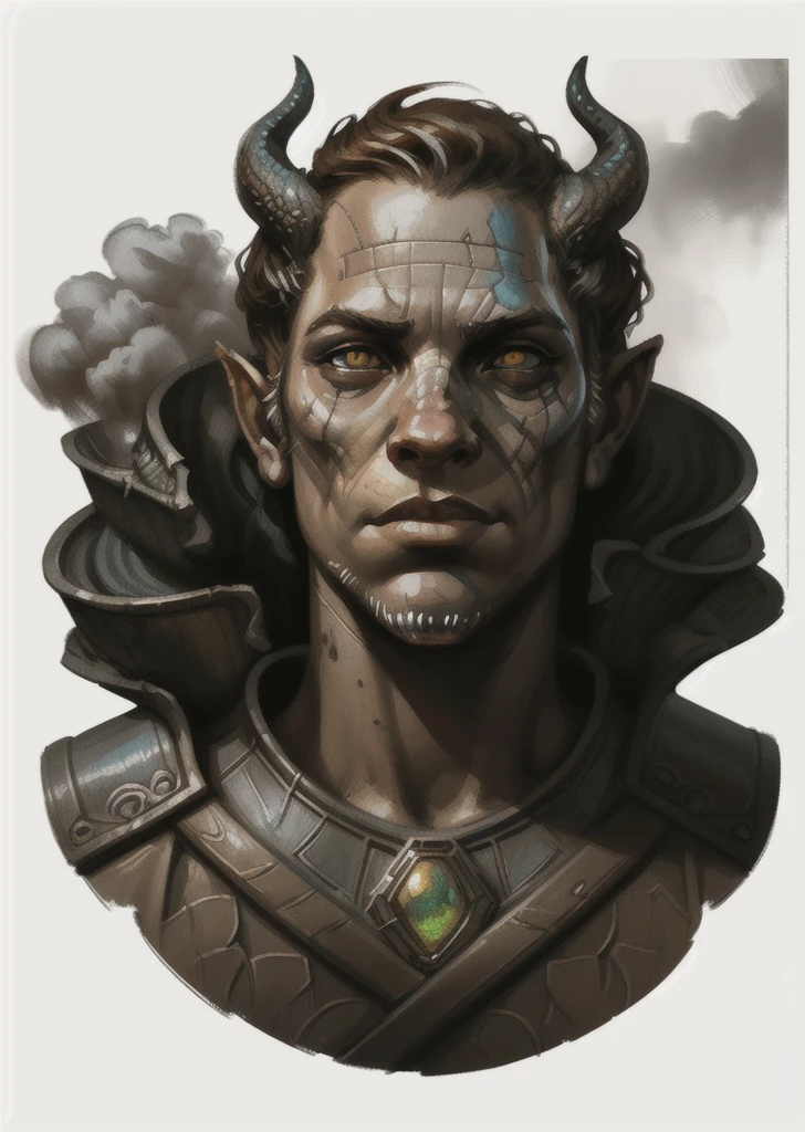 A highly detailed portrait of a dragon-headed dragonborn, rendered as an illustration and concept art in the style of Greg Rutkowski. The dragonborn’s face is powerful and majestic, with intricate scales shimmering in shades of deep crimson and gold, exuding both ferocity and wisdom. The horns curve back elegantly, adorned with subtle etchings and scars that tell a story of battles fought.

The eyes glow faintly with an otherworldly light, contrasting against the textured, rugged skin that reflects a life of resilience. The neck and shoulders are broad, adorned with ornate armor featuring engraved patterns, blending organic and metallic elements. Wisps of smoke curl from the nostrils, adding an ominous, mystical atmosphere to the composition.

The background fades into a swirling, painterly mix of dark clouds and fiery embers, emphasizing the dragonborn’s commanding presence. The lighting is dramatic, highlighting the contours of the face and the reflective qualities of the scales and armor, with soft shadows creating depth. The overall composition blends fantasy realism with fine art detailing, staying true to the expressive and immersive style of Greg Rutkowski. | dragonborn portrait | concept art | fantasy illustration | detailed scales | glowing eyes | cinematic lighting.