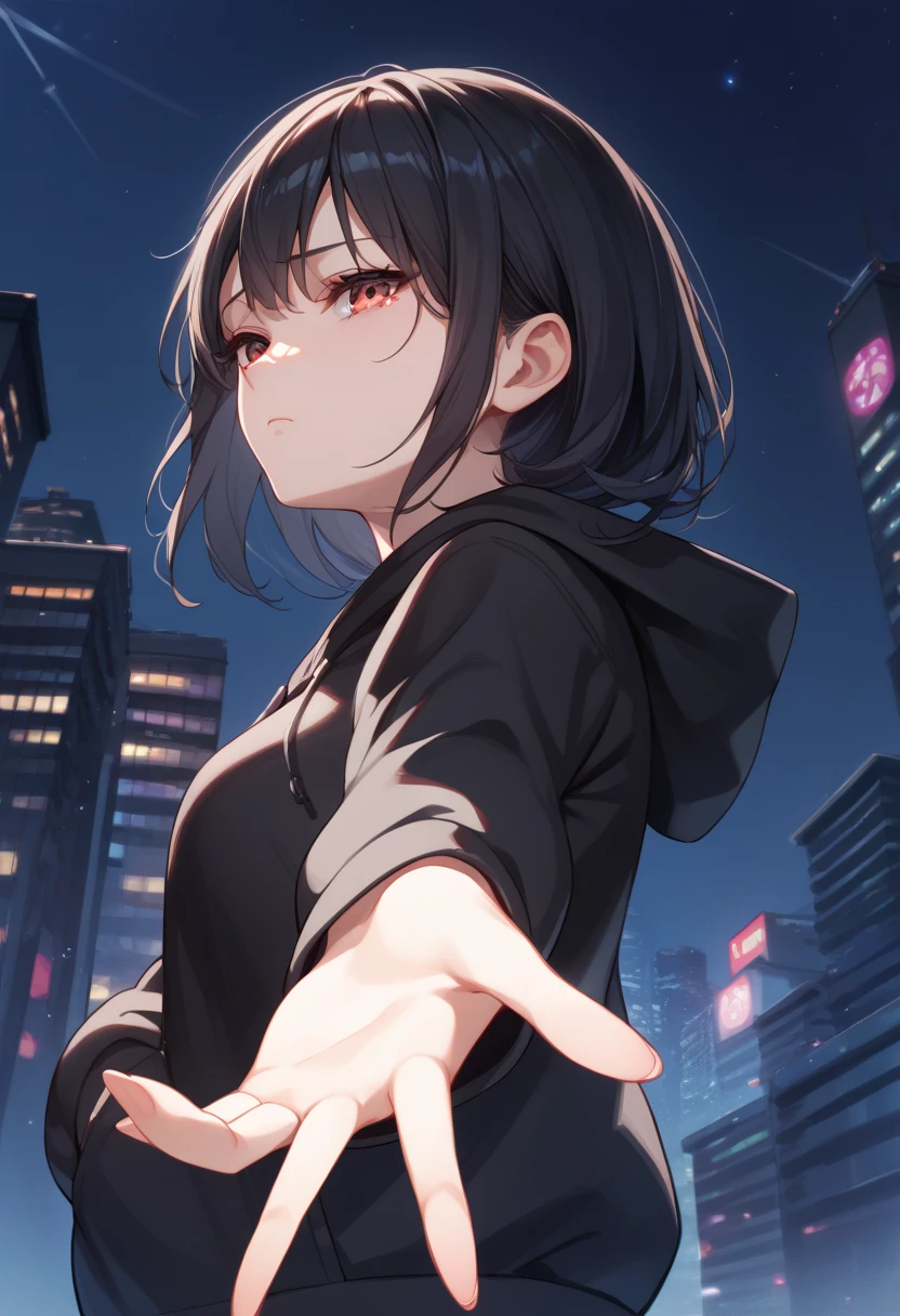 (Source_anime), 1 girl, reaching towards viewer with one hand, long black hair, hoodie, sad face, city background night time, red eyes, side view angle, looking forward