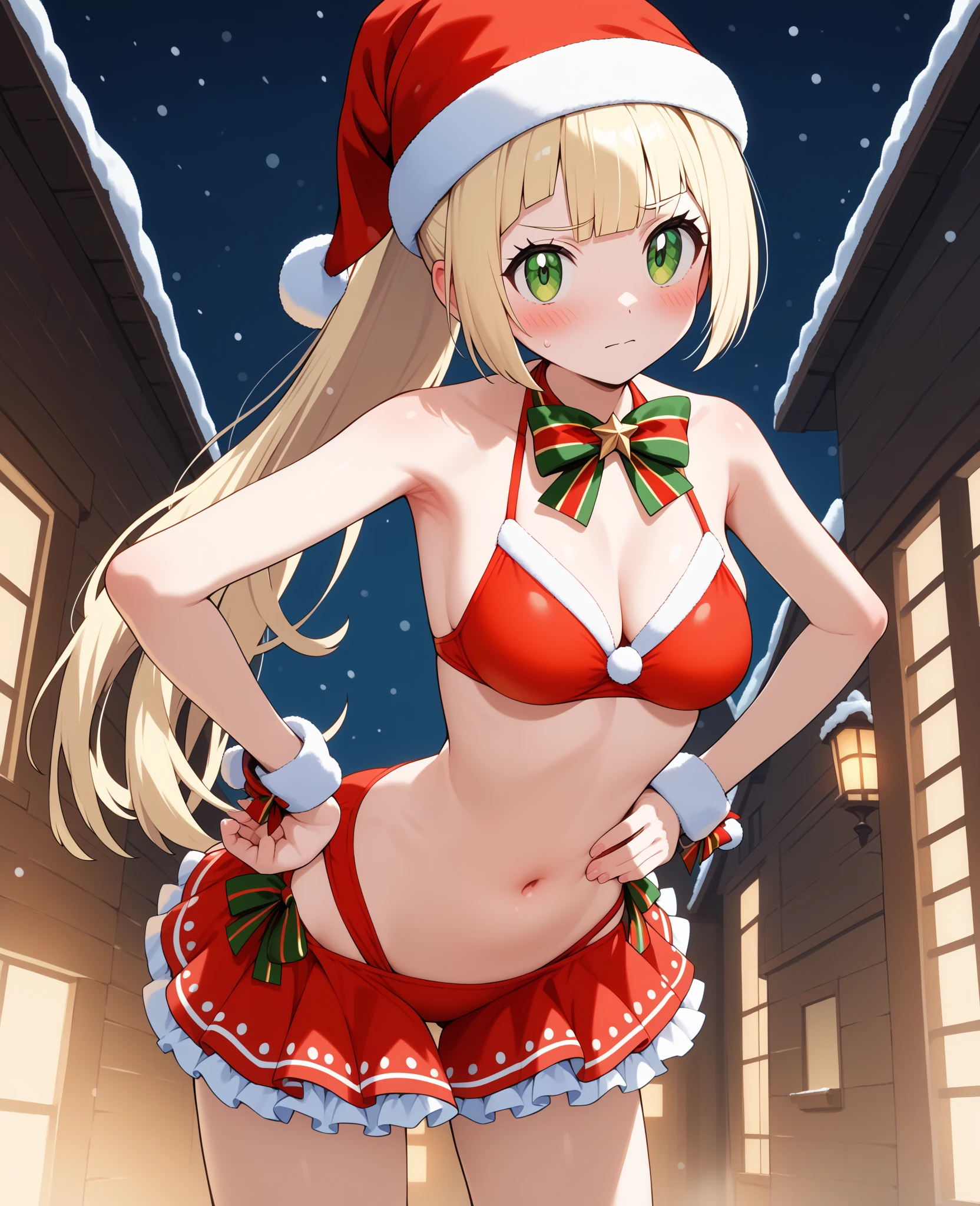 best quality, highres, ultra-detailed, realistic:1.37), A lady, 12 years old, (opening my mouth),(slightly wet with sweat), (smiling), (fantasy, night), weaing a thong and santa top