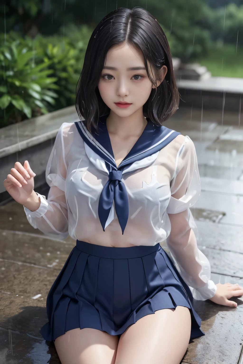 Masterpiece、( top quality:1.4)、1girl、(nsfw)、 super detailed 、 looking down from directly above black hair、parted hair、 Belly Shorthair big eyes、Forehead、 small face 日本の女子高生の sailor suit、 sailor suit、 skirt、プリーツ skirt、see-through、see-through brassiere、 plump breasts、Slim body、 Soft Thighs、 thick thighs、 pulls my heart together、Put your shoulders together Soaking、 hair wet rain、(Rain)、Puddle、concrete background