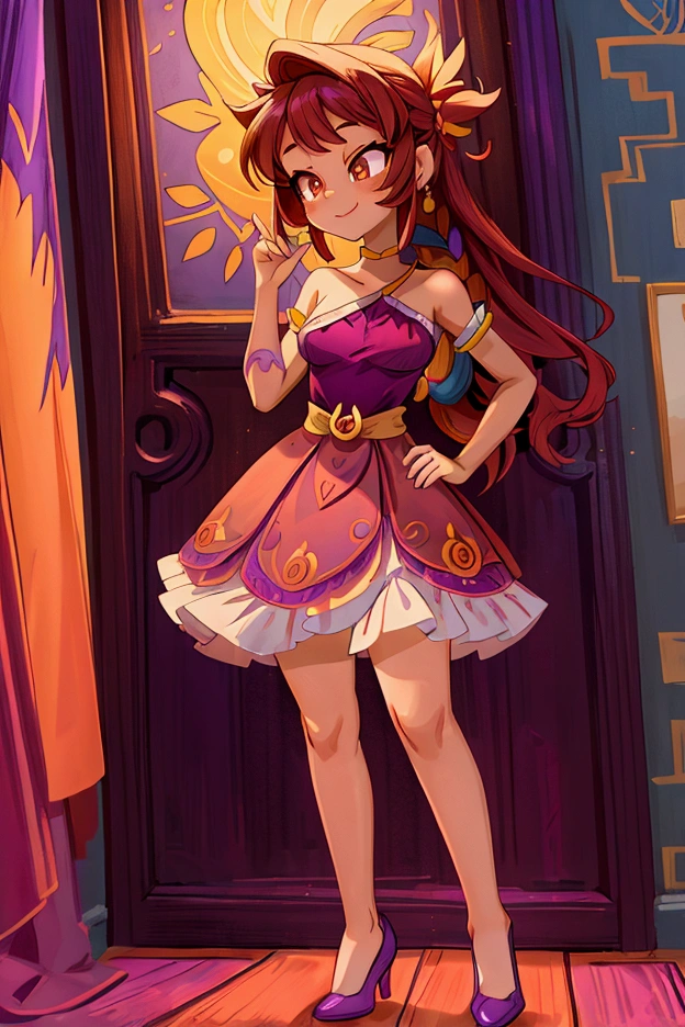 (Masterpiece, best quality) 1 girl, standing indoors with intricate details and sunlight, purple and red frilled dress with short neckline, purple shoes, red and yellow tornasol long hair, orange eyes, purple diadema in hair, brown skin, sexy smile, confidense attitude, sexy pose, coquette, beautiful long legs, mature teen girl, gorgeous body, pronounced breasts