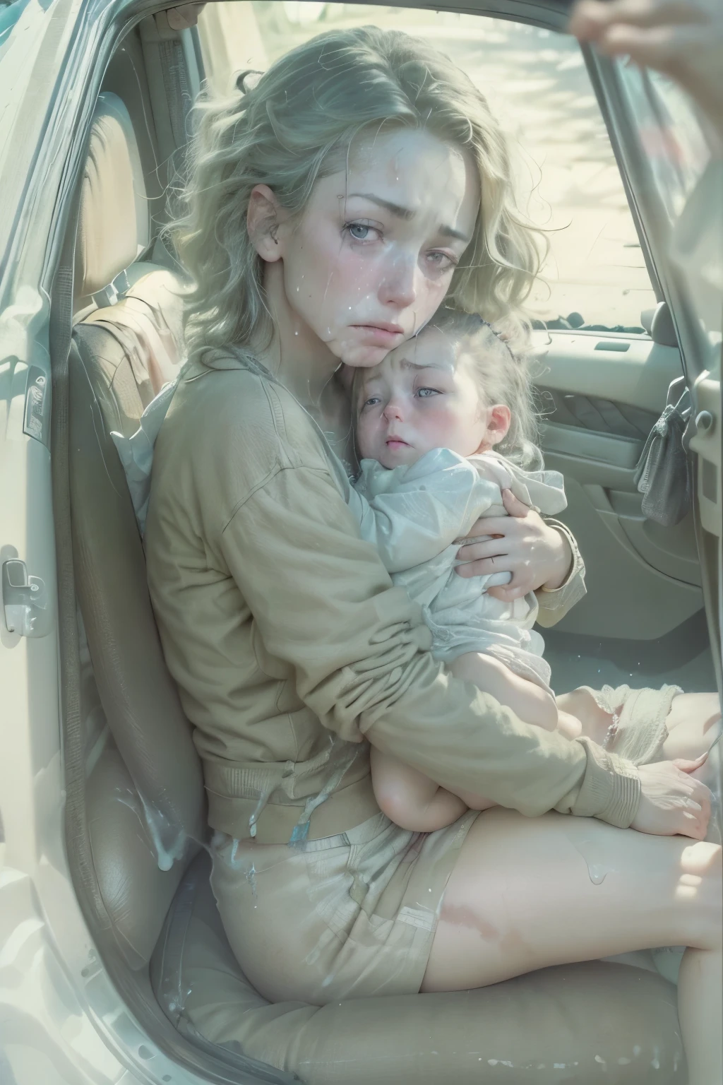 (nsfw, imminent rape:1.1), cum on thighs, sad expression, (skinny teenage mother holding very pretty **** girl, presenting, imminent penetration, drugged, exhausted, bags under eyes, abuse, bruise, bruised eye, trailer trash:1.1), backseat of a car, 