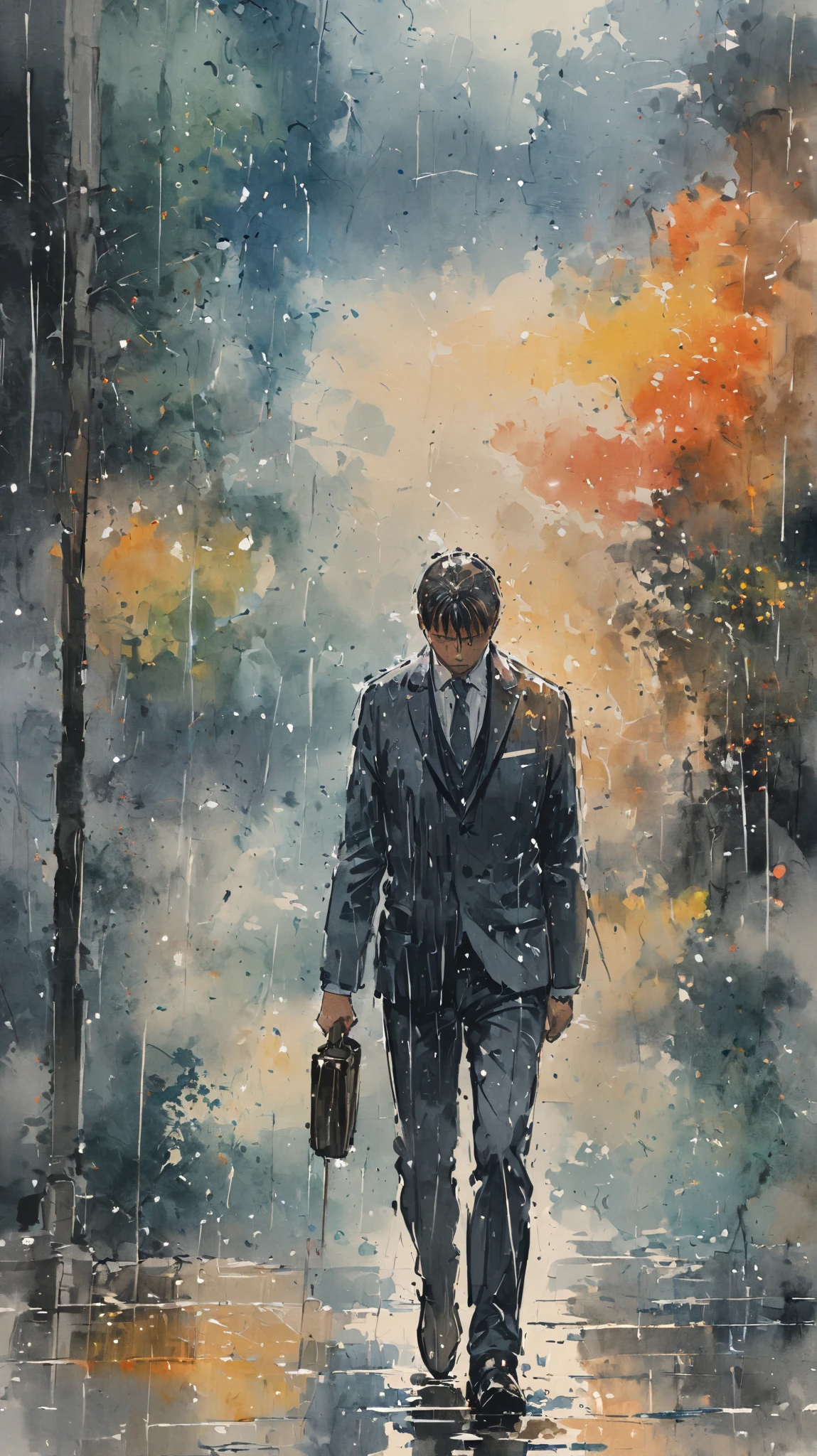 watercolor painting of a man in suit in the rain. full body shot of the man who is soaked under the rain. he tilts his head up to face the rain, the rainwater flows down his face. he is walking in the street, holding his hands out to feel the rain. watercolor brushes stroke painting style. the sky is dark.