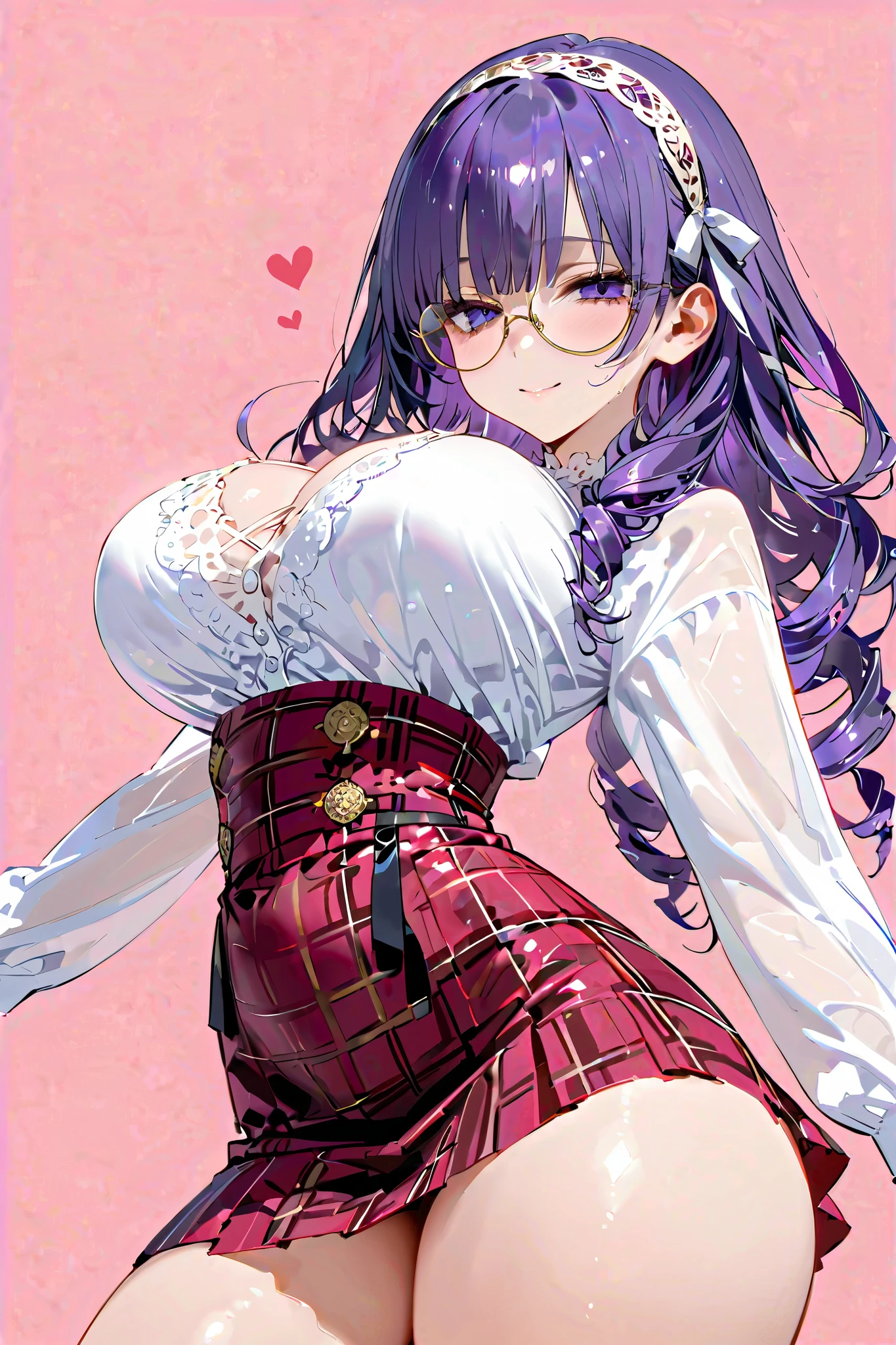 A mature woman with a benevolent smile、(((Show your profile))), ((open arms)),cowboy shot、 (Large breasts)、(bags under eyes), hair over eyes, detailed hairband, (drill hair:1.3), 、Round Glasses, very long violet hair, cowboy shot,  thick thighs、 pink simple background 、heart,  Hollow Eyes、(glistening skin), (oily skin), (shiny skin),(half closed eyes),,((open legs))、((My skin is shaking ))、 ((open legs))、((aerial view)), , skin tight, Luxurious Embroidered White Blouse 、 Plaid High Waist Skirt、