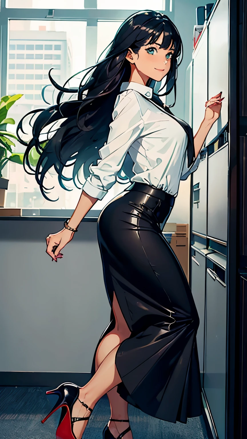 ((masterpiece, high resolution, better quality, better details)), ((Smiling)), ((one girl)) a girl standing by a filing cabinet, full body, maxi skirt, long skirt, ((long skirt without openings)), ((louboutin high heels)), green eyes, ((black hair, long hair)), shiny skin, ((side view)), solo, from the side, full body, focus full body, high heels, organizing files, in an office environment