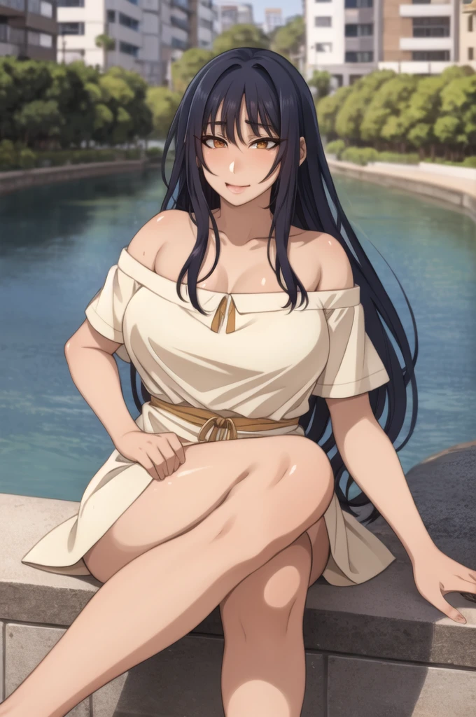 Anime character Brazilian indigenous adult woman, beige dress, brown skin, long hair with bangs, sitting on the riverside, masterpiece, best quality, detailed skin, detailed eyes, orange eyes,8k, good shading, beautiful strokes, detailed background, good anatomy, anal, ahegao