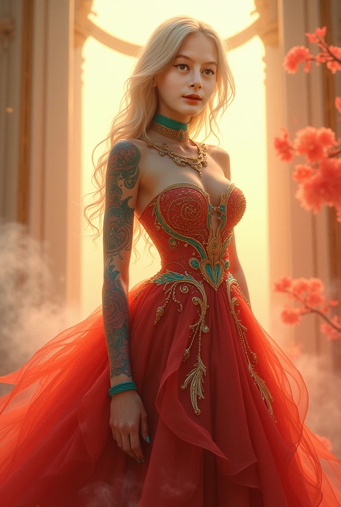 eloquent fashion renders by julian, in the style of ilya kuvshinov, golden light, exotic realism, dan mumford, smooth and shiny, xiaofei yue, ferrania p30::3 , a girl in a golden suit is posing in a light room, in the style of hyper-realistic oil, asian-inspired, light silver and light magenta, illustration, shiny/glossy, glamorous hollywood portraits, detailed character illustrations :: 2, a young hppy blonde girl in a cosmic dress, i can't believe it can be so marvelous and stunning, full-body tattoos, ornate, rococo, grotesque, ornate, art nouveau, symmetrical, turquoise jewelry, red smoke, roses, hypermaximalist, elegant, vintage, hyper realistic, super detailed, pastel colors