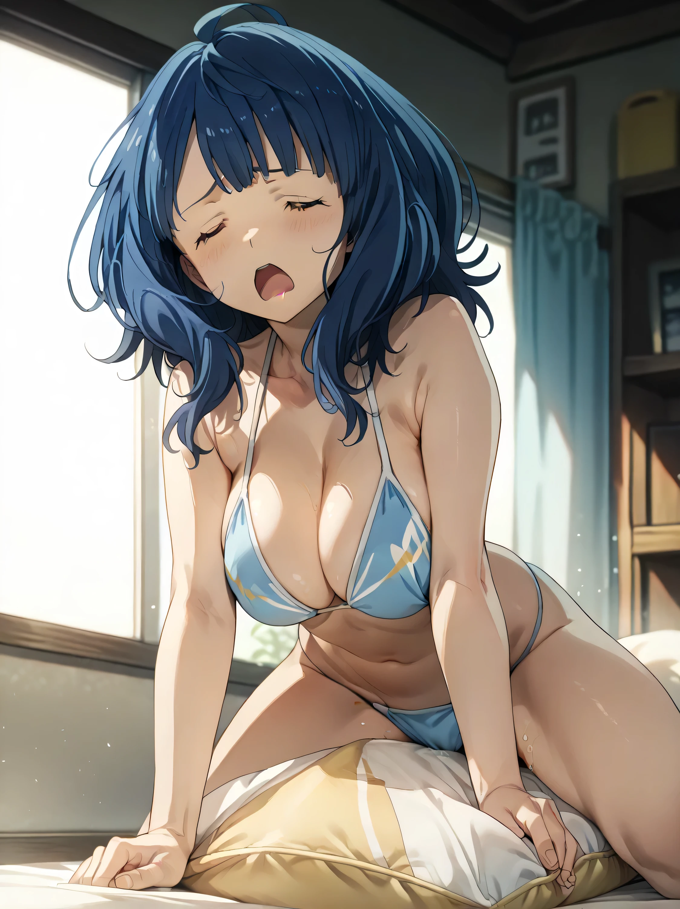 score_9, score_8_up, score_7_up, score_6_up, source_anime, 1girl, yanamianna, Yanami Anna, medium hair, blue hair, (large breasts:1.5), blue bikini, pillow humping, from below, open mouth, closed eyes