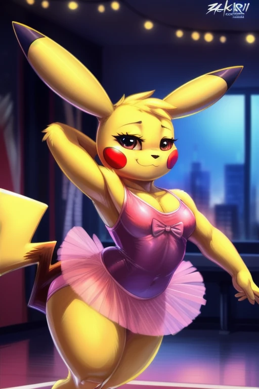 by zackary911, zackary911, (((Pikachu, anthro, extremely detailed, extremely detailed legs, extremely detailed arms, extremely detailed face, perfectly detailed eyes, ultra-detailed hands, perfectly detailed anatomy, well shaped body, female)): solo, curved thighs, long jagged tail, carmesi eyes, day, blushed, looking to the viewer with a loving expression, detailed background, dance studio background, front lateral view, medium breasts, ballet singlet, tutu