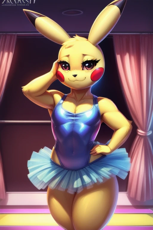 by zackary911, zackary911, (((Pikachu, anthro, extremely detailed, extremely detailed legs, extremely detailed arms, extremely detailed face, perfectly detailed eyes, ultra-detailed hands, perfectly detailed anatomy, well shaped body, female)): solo, curved thighs, long jagged tail, carmesi eyes, day, blushed, looking to the viewer with a loving expression, detailed background, dance studio background, front lateral view, medium breasts, ballet singlet, tutu