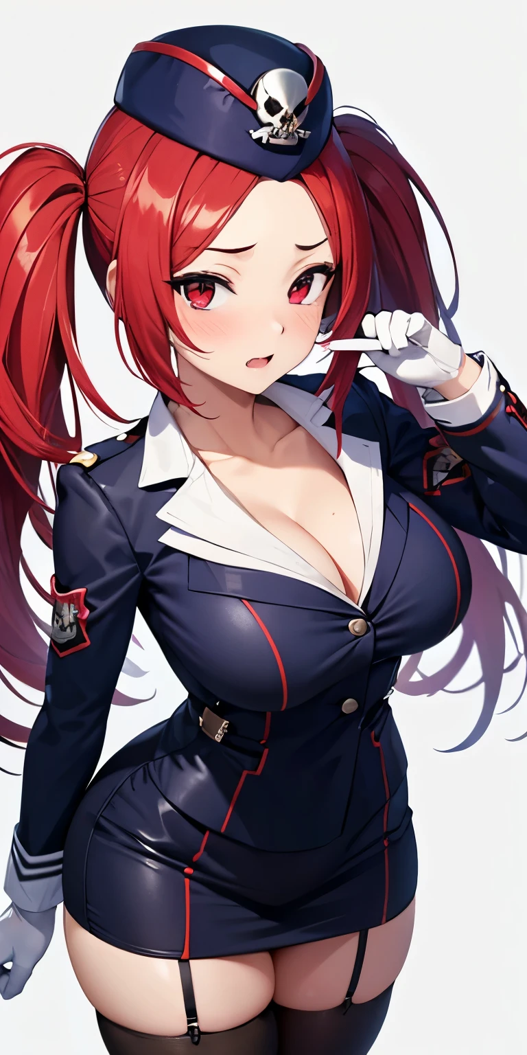 1 Female,High definition,high resolution,Ultra-realistic,8K, 1girl, solo, red hair, red eyes, twintails, employee uniform, pencil skirt, skull print, navy cap, fang, black legwear, white gloves, large breasts,European,sexy,Upper body close-up,Photographed from the front,Dynamic Angles,(blush), (medium tits) , multicolored hair 