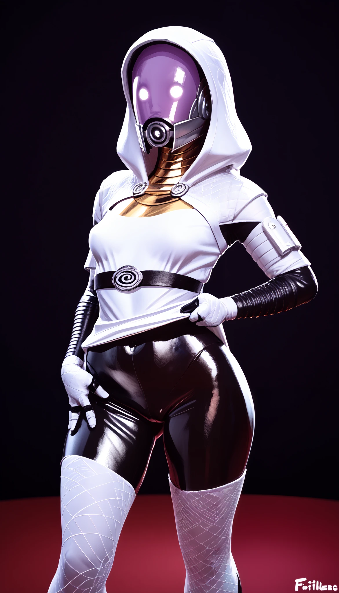 author: (fossa666:1.5),white tuxedo (taran fiddler:1.5), white cloth, white fabric (pixel sketcher:1.4),white hood, masterpiece, detailed Bonifasko lighting, [crepuscular ray], best details, real life, depth of field, detailed background,glowing white eyes,  cameltoe, [sci-fi casino], dim lighting, neon lighting, solo, casino background,  red carpet, camera flashing, black and white detailed bodysuit. tuxedo. , female, (Tali zorah), (), alien female, (tali zorah:1.2), seductive walk,  femme, genitals, cameltoe, small breasts,  clear details, (, metallic and rubber skin textures, featureless nude, , , translucent body, you can see under her skin, , ,s, faceless, various poses, , [[[mass effect 3 citadel casino outfit]], white fabric, black rubber suit, white colored hood, white cloth, white gloves, white stockings, 1girl, one girl, 1girl, solo, white hood, white clothes, white belt, white clothes, 
