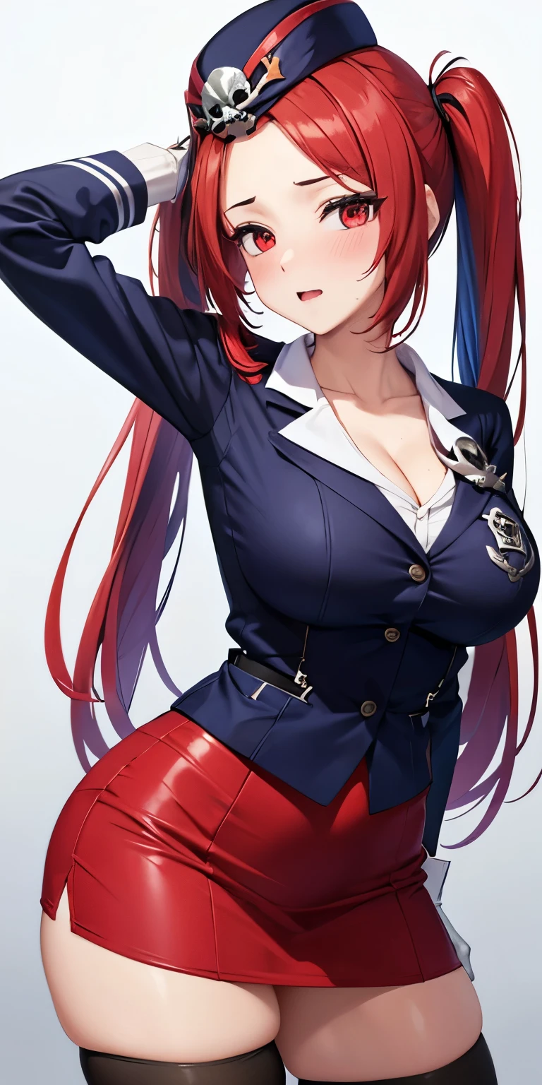 1 Female,High definition,high resolution,Ultra-realistic,8K, 1girl, solo, red hair, red eyes, twintails, employee uniform, pencil skirt, skull print, navy cap, fang, black legwear, white gloves, large breasts,European,sexy,Upper body close-up,Photographed from the front,Dynamic Angles,(blush), (medium tits) , multicolored hair 