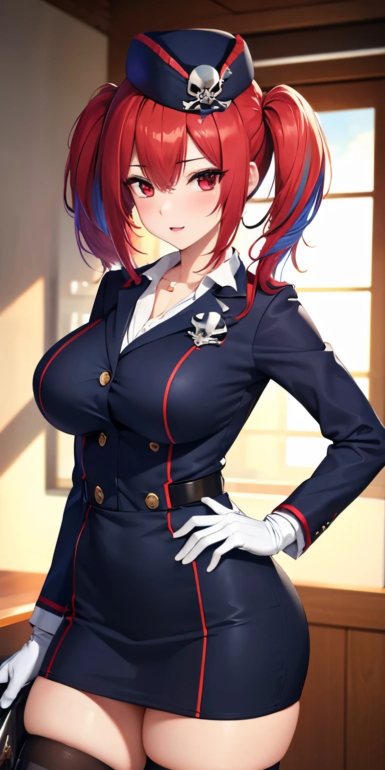 1 Female,High definition,high resolution,Ultra-realistic,8K, 1girl, solo, red hair, red eyes, twintails, employee uniform, pencil skirt, skull print, navy cap, fang, black legwear, white gloves, large breasts,European,sexy,Upper body close-up,Photographed from the front,Dynamic Angles,(blush), (medium tits) , multicolored hair 