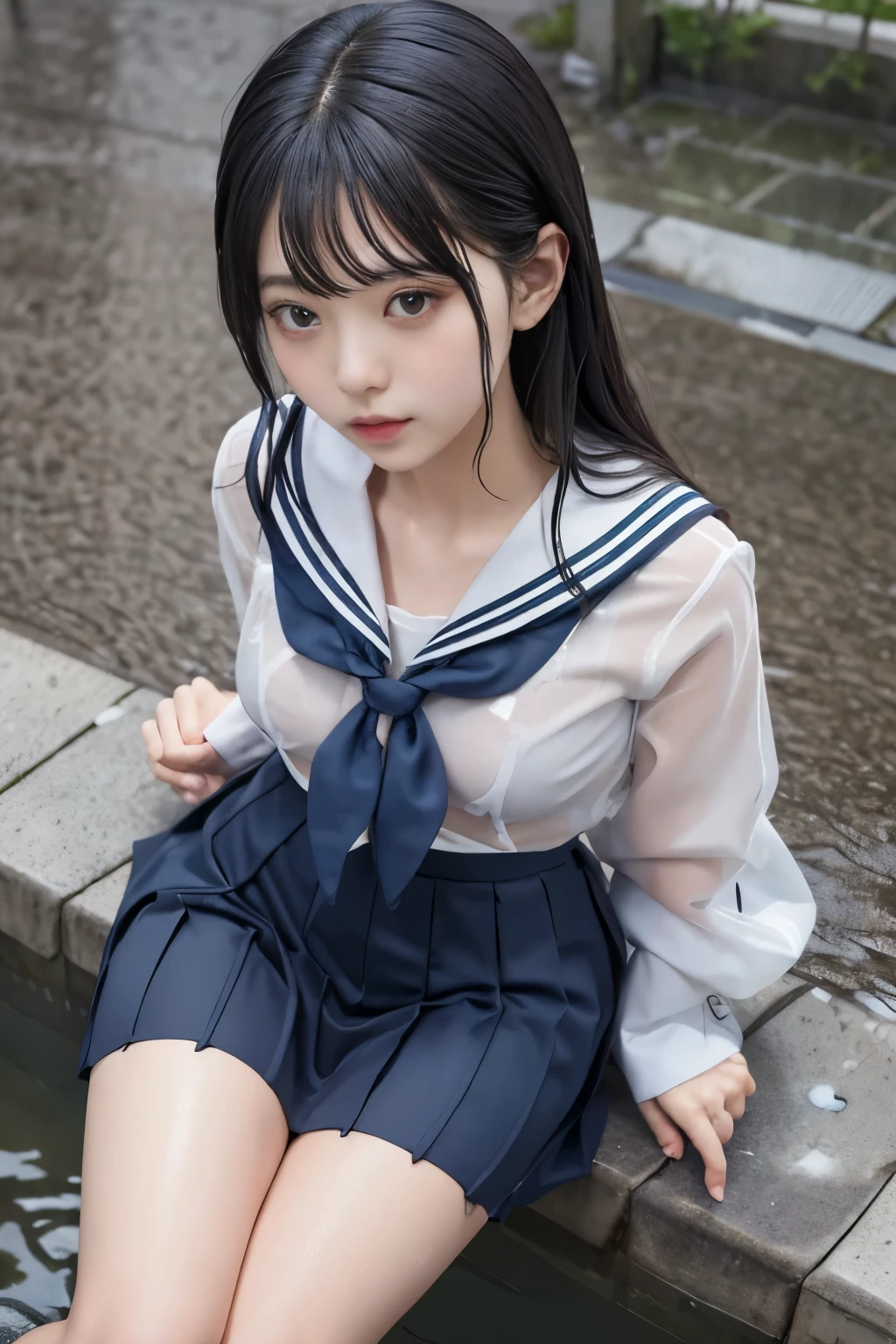 Masterpiece、( top quality:1.4)、1girl、(nsfw)、 super detailed 、 looking down from directly above black hair big eyes、 small face 日本の女子高生の sailor suit、 sailor suit、 skirt、プリーツ skirt、see-through、see-through brassiere、 small breasts、 Soft Thighs、 thick thighs、Pinch your hands between your legs Soaking、 hair wet rain、(Rain)、Puddle、concrete background