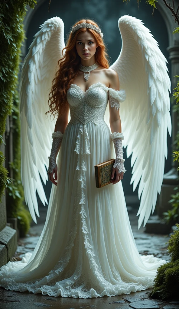 beautiful girl,  Long hair, chestnuts, angelic face. White medieval lace openwork dress, Lace choker, lace gloves. Finely embroidered cloak. awesome wings. Holding a little book. In a mausoleum. moss, humidity, creepers.  Dense winter mists. High resolution, Masterpiece, necessary, Anatomically correct, Awarded many times, The best quality, 