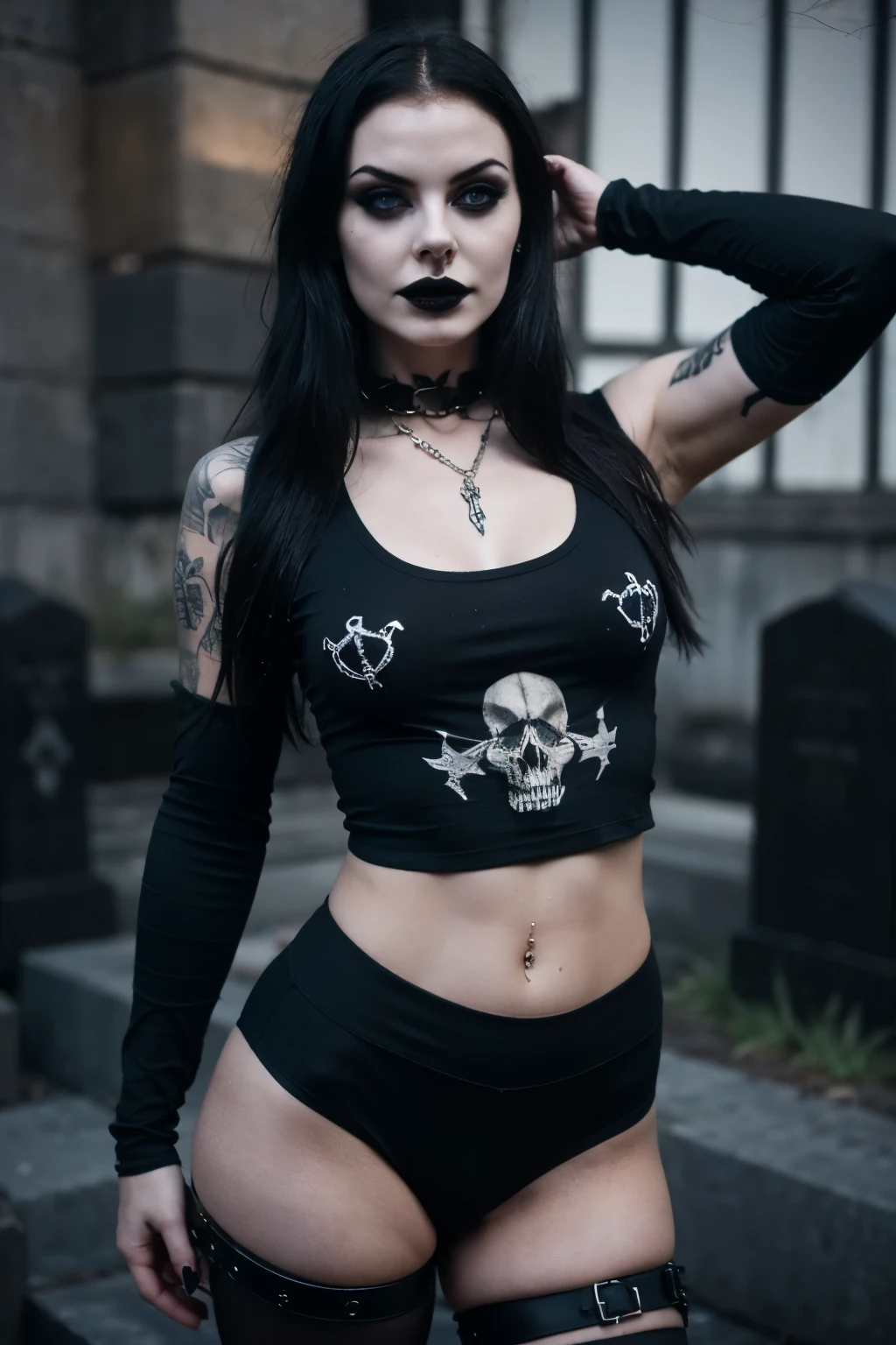 Young goth, tattooed, hot body, dynamic pose, (aged 18:1.6), long black hair, wearing a black crop top with a skull design and black legging with metal chains, ((tomb cemitery background, dark cinematic lighting)).