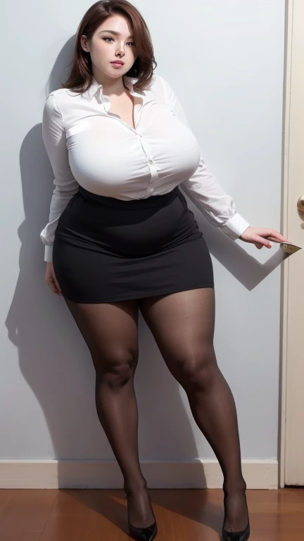 femele, Sexy, Plump Goddess, taken with canon 5d mk4, chubby, Pose Seductive, Plus Size, Mom Size,  hi-school girl, Uniforms, a miniskirt, pupils, 18year old、Full body portrait、Simple white background、High heels、Standing on tiptoes、White shirt、Black Skirt、One Woman