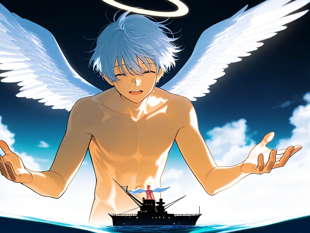 anime,1male,angel,angel wings,giant,36 meter tall,diving in the port sea,shirtless,open eyes,nude,naked,ships