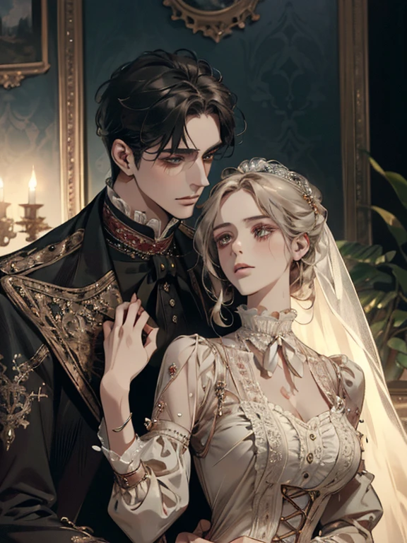  ultra-detailed、Maximum quality、high resolution、 masterpiece 、sharp focus、3/5 shots、official art、magical atmosphere、Romanticism、Literary fashion、Victorian accessories、Intricate hardware decoration、lace suits、 emotional depth 、Elegant and supernatural atmosphere、Male and female couples、The composition of the neck and chest、Detailed representation of the hand、 Look at the spectators 