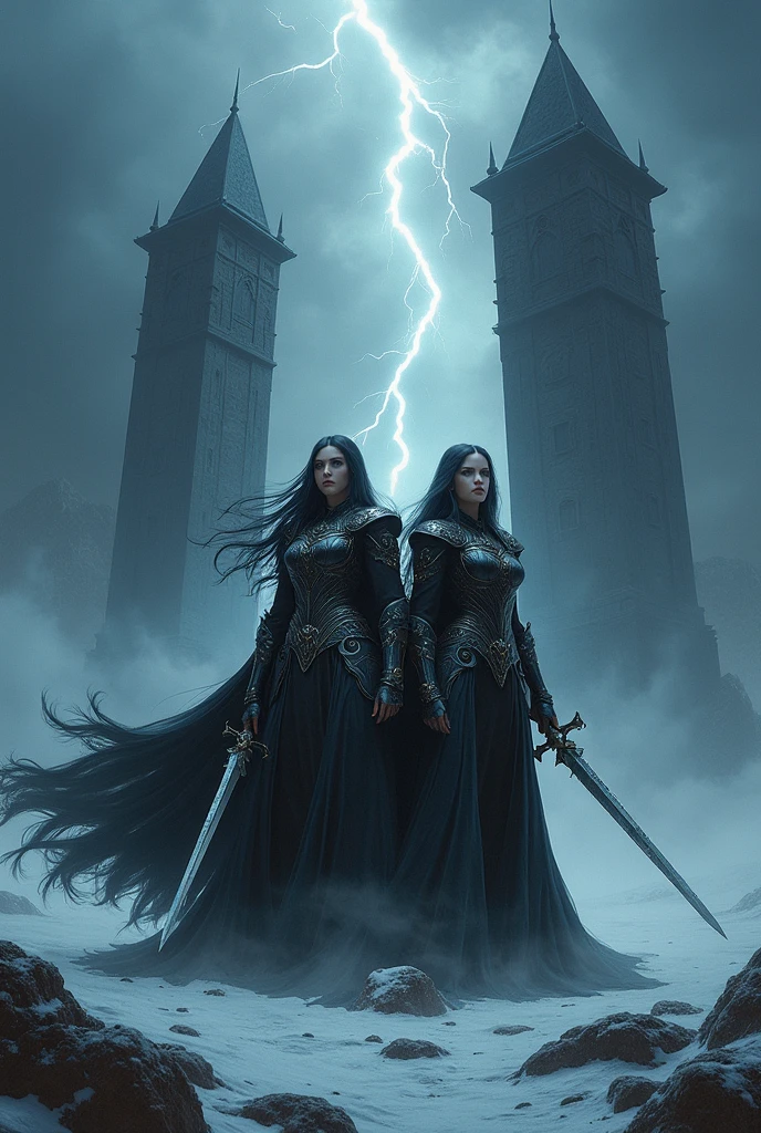 dramatic gothic fantasy landscape, ominous black tower looming in a frozen wilderness, dark clouds overhead with lightning flashing, two beautiful young female knight sisters standing side by side wielding swords, highly detailed faces with beautiful eyes, long flowing hair, the final battle, (best quality,8k,highres,masterpiece:1.2),ultra-detailed,(realistic,photorealistic,photo-realistic:1.37),cinematic lighting,dark fantasy realism,concept art,professional photography,sharp focus,vivid colors