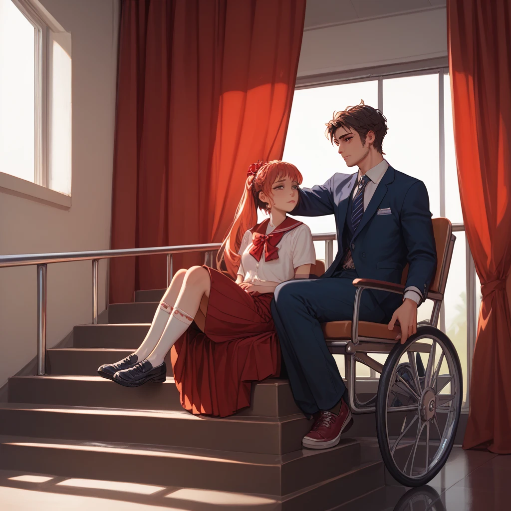 A school auditorium is full of ren sitting in rows. in front,  there is a stage illuminated with a red curtain .  Some ren climb stairs to the stage while others wait in line . A girl in her wheelchair ,  stands next to the stairs with a sad look .