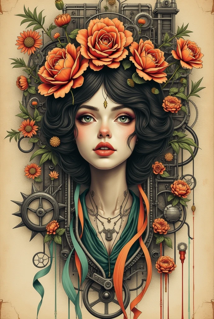 Charlie Bowater realistic Lithography sketch portrait of a woman, flowers, [gears], pipes, dieselpunk, multi-colored ribbons, old paper texture, highly detailed
