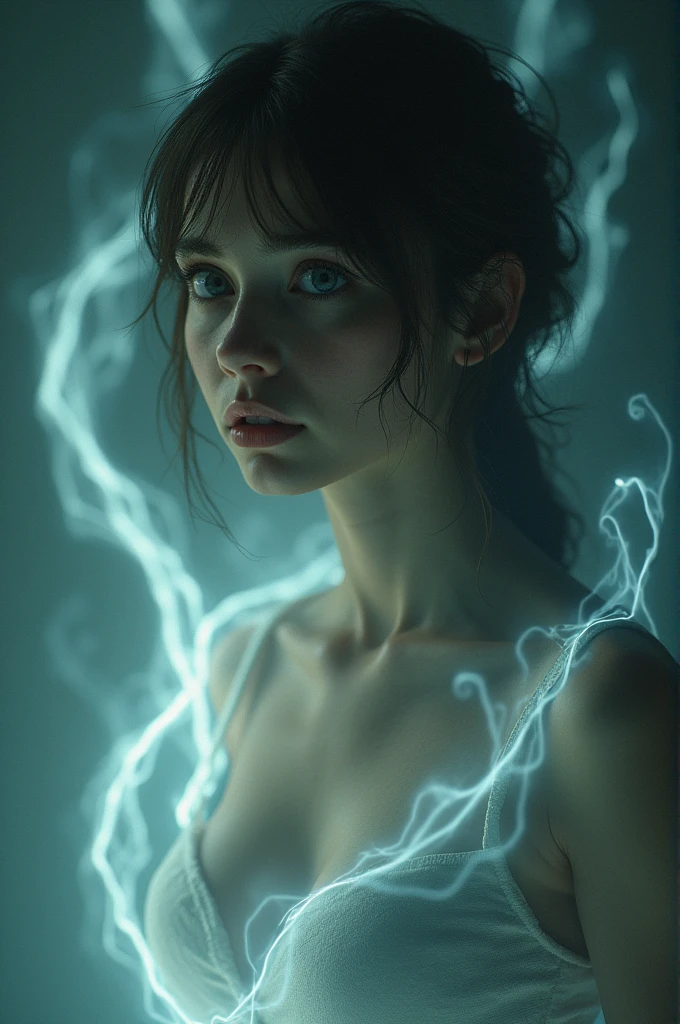 (((the blue energy human body, front facing, full body, 1girl, 18 year old, caucasian, green eyes, perfect eyes, perfect iris, perfect pupils, perfect lips,perfect nose, perfect hands, very detailed hands, perfect fingers, black hair, short hair, straight hair, small braid in her hair, nature, subsurface scattering, transparent, translucent skin, glow, bloom, Bioluminescent liquid,3d style, warm color, vibrant, volumetric light, inside lightning, lightning and thunderbolts all around,)))