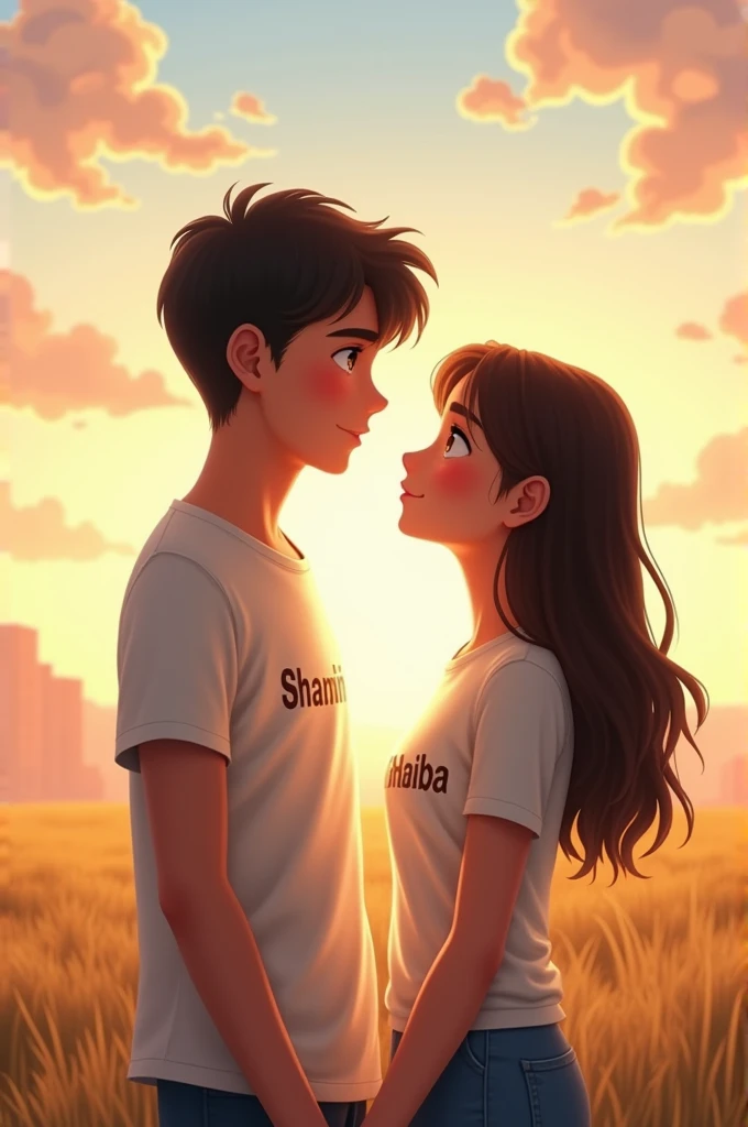 A boy wearing a white t shirt with a text on his tshirt " shifa's" and a girl in a white tshirt and denim skirt, with a text on her tshirt "ali's" , holding eachothers hand and looking at eachother eyes with love , sunset background