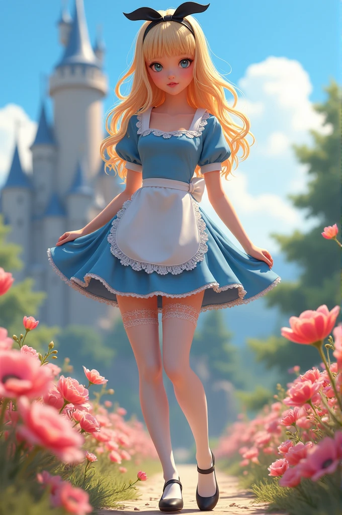 a beautiful 20 year old blonde woman with big messy hair in a blue dress, white stockings, black headband, cleavage, holding a glowing mushroom, fantasy art style, rossdraws cartoon vibrant, alice in wonderland cyberpunk, cute detailed digital art, colorfull digital fantasy art, digital fantasy art ), glossy digital painting, rossdraws pastel vibrant, rossdraws 2. 5, rossdraws 1. 0