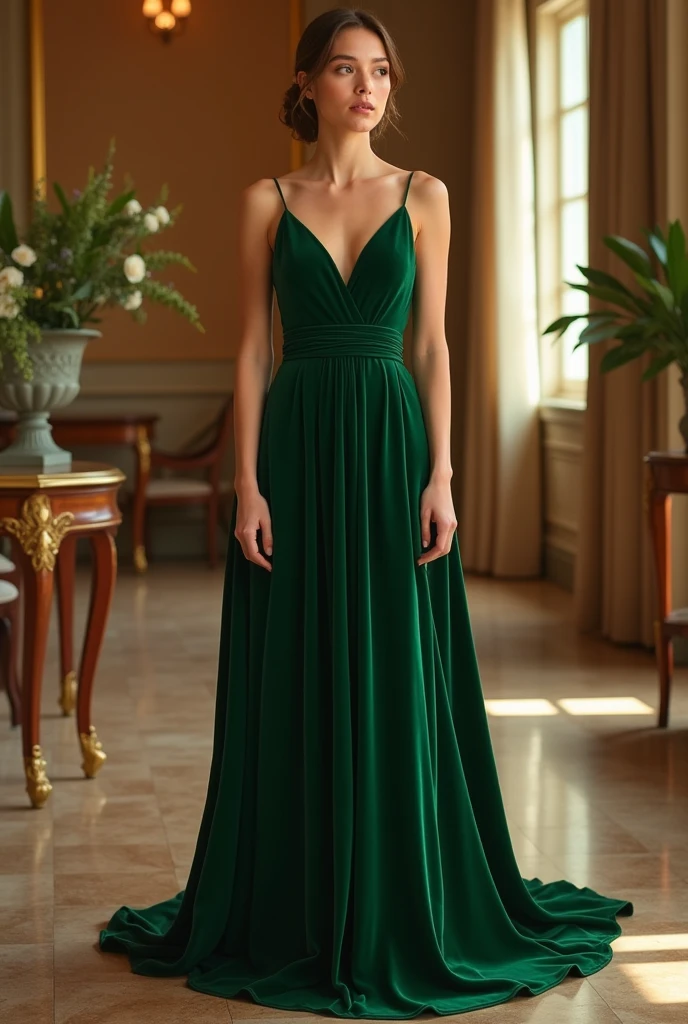 A wedding bridesmaid wearing a military green dress, with yellow heels and a silver purse.