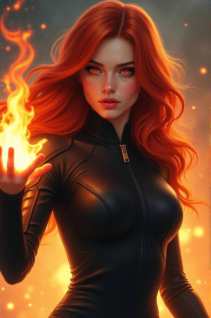 An incredible photo of a slim, beautiful Korean woman inspired by the iconic film "Elemental," which depicts the character "Korea Amber Lumen." Wearing a vibrant black suit dress and showing off her trendy red hair, she radiates the energy and energy of fire. The background shows a scene from the movie and highlights the striking similarity between the original Amber Lumen character and the woman. The scene captures a Korean woman standing with a bright smile and a lively expression while perfectly embodying the essence of Amber Lumen.