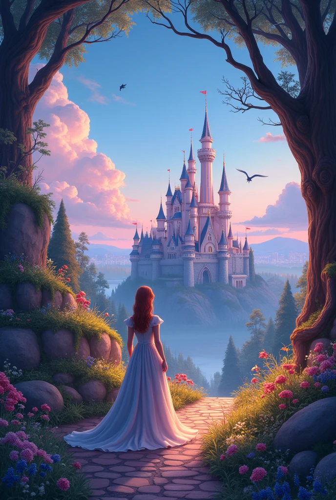 In the heart of the enchanted kingdom, nestled among cherry blossoms and crystal clear streams, you find yourself drawn into the kingdom of Princess Azalea. The air is alive with the gentle hum of magic and the sweet scent of flowers dances in the breeze.. En vous approchant du grand château, whose arrows rise to the heavens, vous apercevez une silhouette radieuse debout sur un balcon surplombant le paysage éthéré. (Detailed 2.0) (Realistic 1.8)