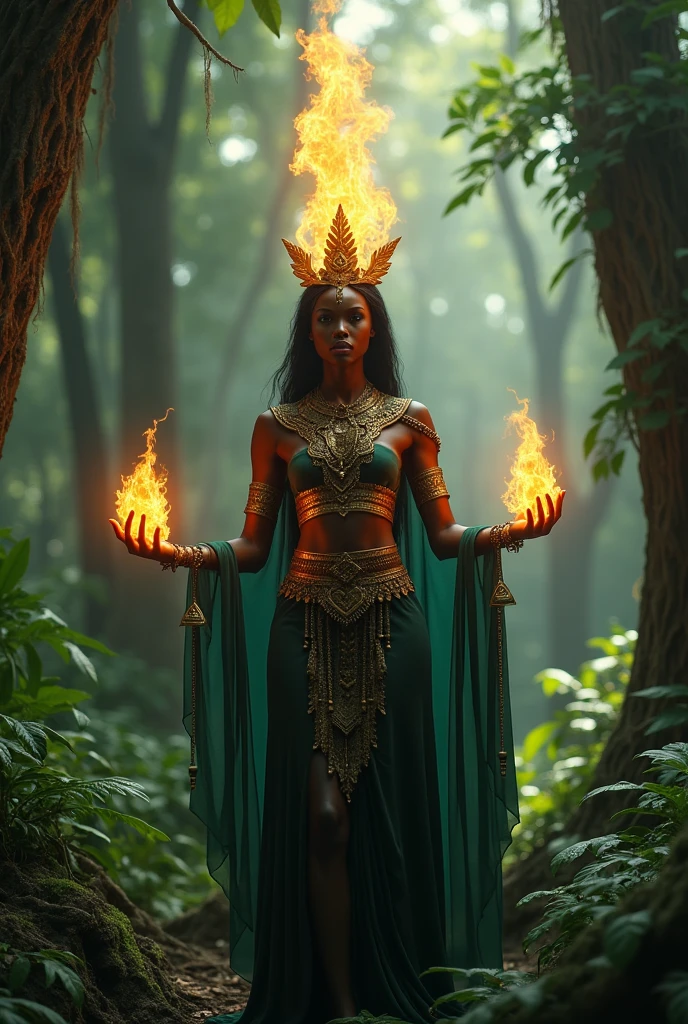 a dark sect in the forest, with a goddess with a diamond crown and fiery eyes levitating, green clothes with golden gold, the destroyed trees