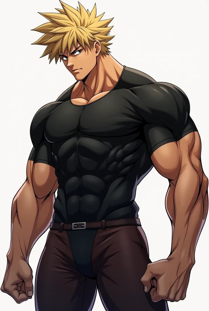Katsuki Bakugo from Boku No Hero Academia, wearing black pants, bodybuilder, defined body, walking, shirtless, abs, big legs, white empty room