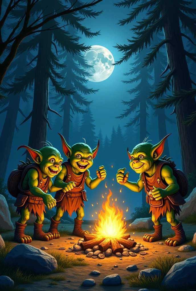 The aesthetics of vector graphics, a complex picture of vector graphics, a surreal image of 3 large humpbacked forest trolls with gnarled trees and bushes growing on their humps, the humps of the trolls are covered with moss and grass, the trolls are sitting in a clearing near the campfire and cooking food in a pot over the campfire, green splashes fly out of the pot and raises, gnarled trees grow around the trolls forming a single vector image ensemble, vector graphics, high resolution, clear contours, multicolored gradients, white background, logo