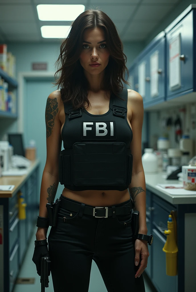 Movie poster ((fisheye 16mm lens)), an ultra hot gorgeous European woman, age 23, she’s a playmate, men magazine model. beautiful woman, medium dark long hair, with big gun in hand, black clothes, rivets, explosions, cars, planes, just one body