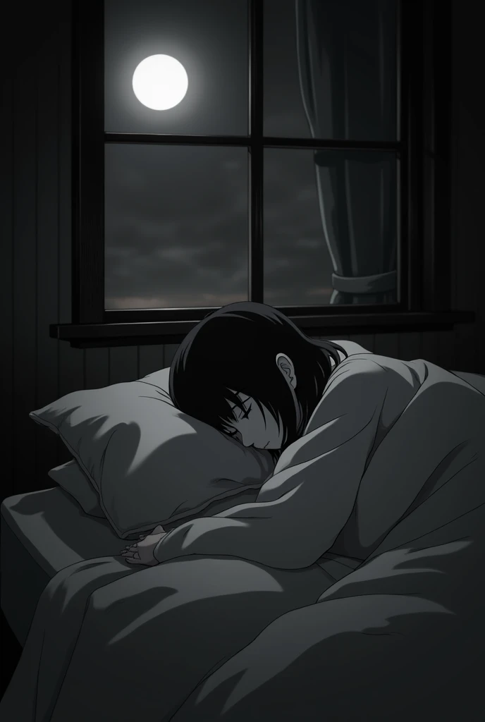 Masterpiece, high resolution, illustration, in style of kyoto animation, Your name is cinematic style, Night, midnight, Light, (1 woman: 1.3), (Solo: 1.4), Long eyelashes, a short bob, nose blush, futon, lying down, Naked, facial closeups, hiding chest with hands, Hiding by hand,