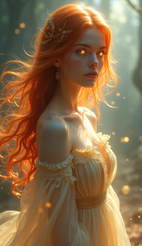 Redhead girl in long dress , inspired by dragons 
