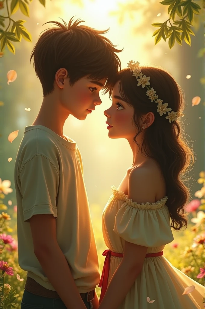 A boy putting roses on girls hair with love in a villa