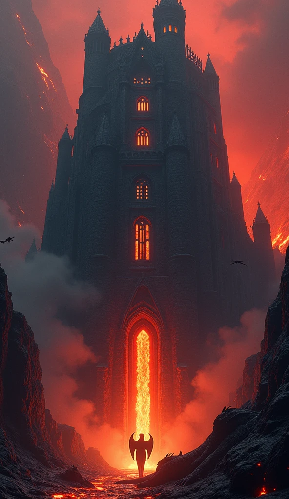 A colossal dark tower inside the volcano, majestic architecture, high detailed building, red windows, some of them are emit lava like a waterfall, surrounded by flying gargoyles, and there is a big dragon sleeping infront of the tower gate, steam, smoke, fire, the background is inner wall of a volcano, with red lava and molten rocks, dramatic color grading, cinematic composition, epic scene, high detailed, photo realistic.