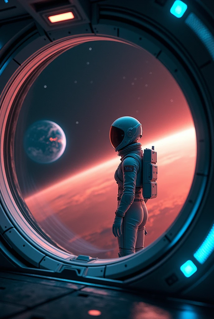 A breathtaking photo of a female astronaut inside a futuristic spaceship, standing near a large observation window. The receding red surface of Mars is visible outside, framed by the spaceship's sleek design. The glow of the ship’s thrusters creates a soft blue light in the darkness of space. In the background, the deep black of space is dotted with stars, and Earth is visible as a small, luminous blue sphere on the horizon, symbolizing the destination. The astronaut’s figure is illuminated by soft, diffused lighting, capturing a moment of quiet reflection as she embarks on her journey back to Earth.